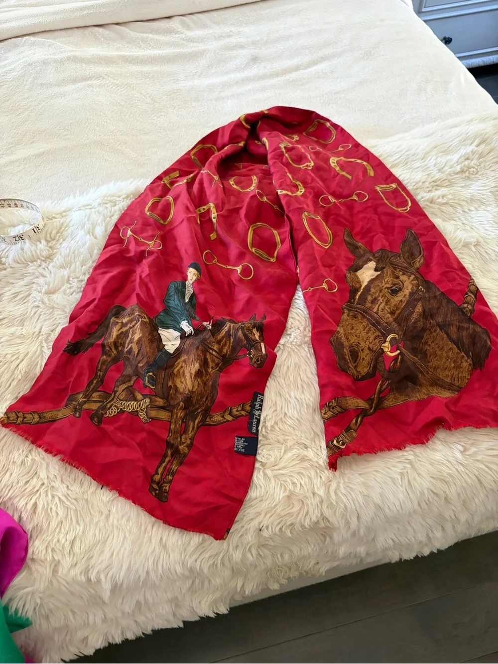 Equestrian Print Red Silk Scarf by Ralph  Lauren Vintage ascot